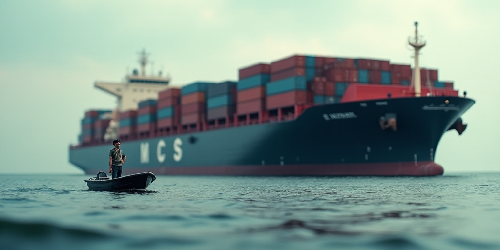 a man standing on a boat in the water next to a large container ship with containers stacked on top