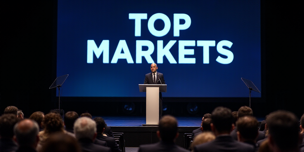 a man standing on a stage giving a speech at a conference hall with a top markets sign in the backgr