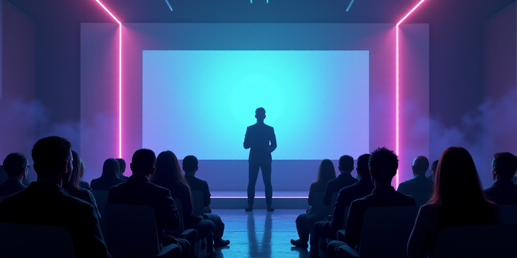 a man standing on a stage giving a presentation to a crowd of people in front of a large screen, Bet