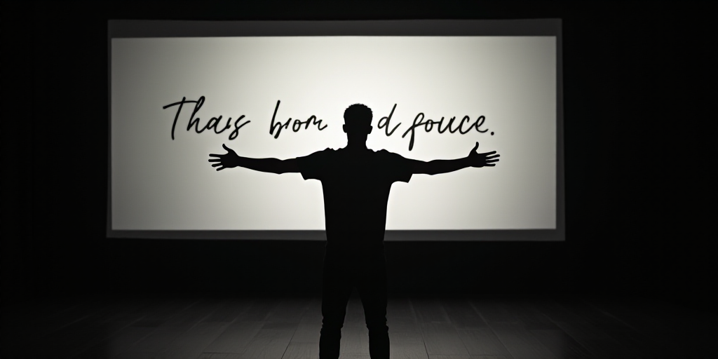 a man standing on a stage with his arms outstretched and his hands out to the side of him, with a me