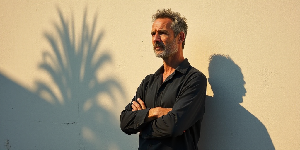 a man standing with his arms crossed in front of a wall with a shadow of a building on it, Ahmed Kar