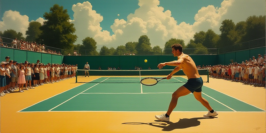 a man swinging a tennis racquet at a ball on a tennis court with a crowd watching him, Bernd Faschin