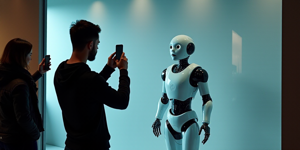 a man taking a picture of a robot in a store window with a cell phone in his hand and a woman taking