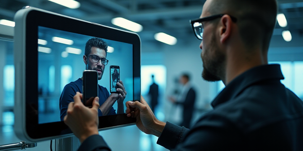 a man taking a picture of himself on a screen with a cell phone in his hand and a man with glasses o