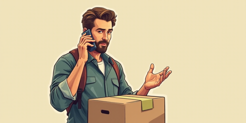 a man talking on a cell phone while holding a box in front of him and gesturing with his hands, Andr