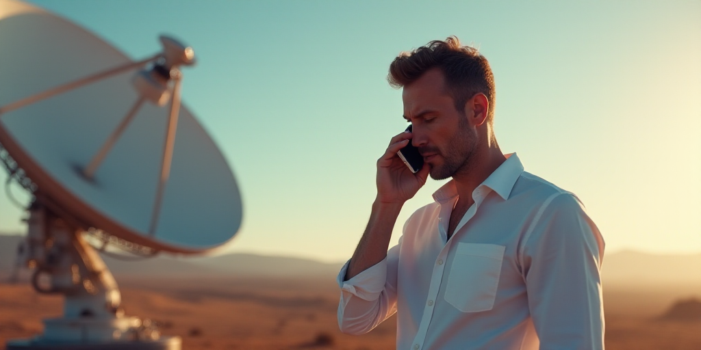 a man talking on a cell phone next to a satellite dish and a man in a white shirt with a cell phone,