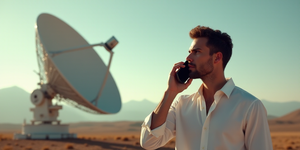 a man talking on a cell phone next to a satellite dish and a man in a white shirt with a cell phone,