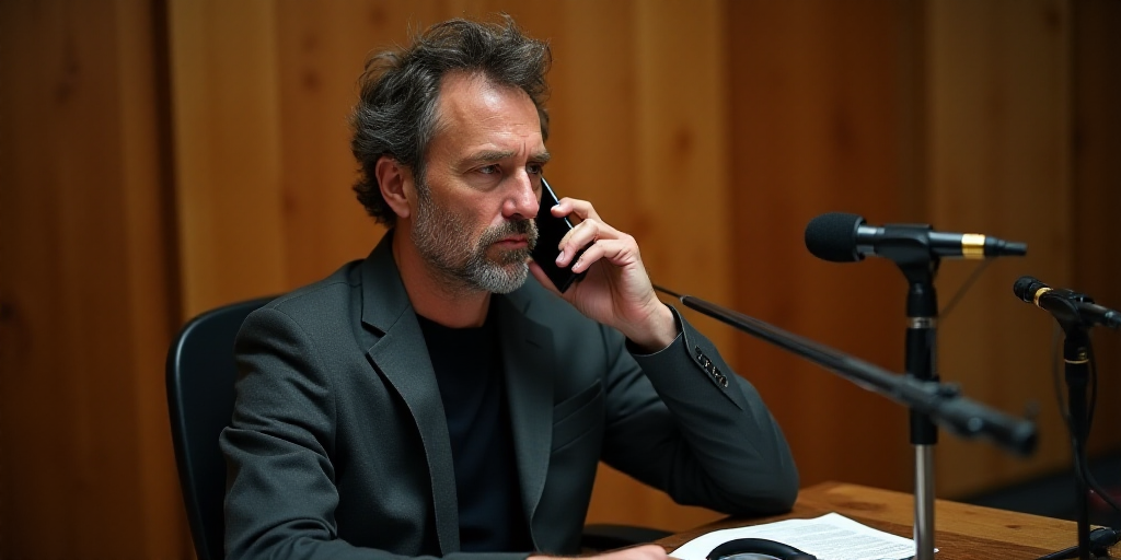 a man talking on a cell phone while sitting in a chair with a microphone in front of him and a woode