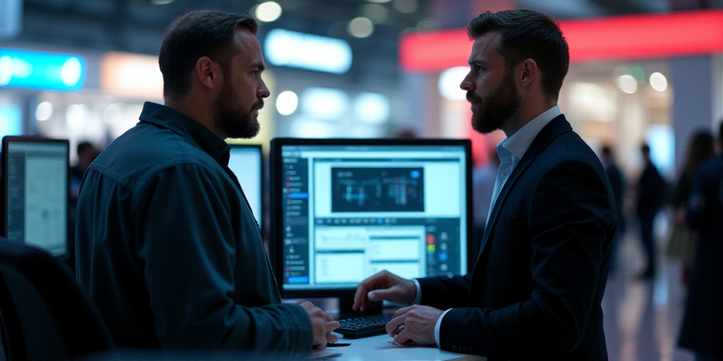 a man talking to another man in front of a computer screen at a trade show in a mall or mall, Andrie