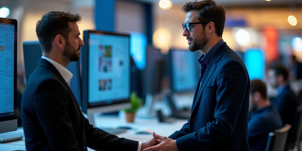 a man talking to another man in front of a computer screen at a trade show in a mall or mall, Andrie