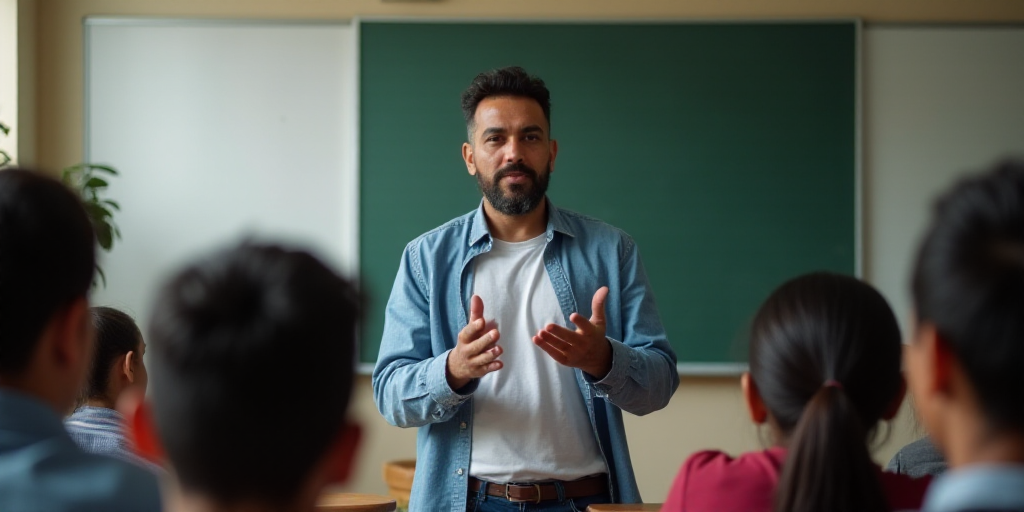a man teaching a class of students in a classroom with a whiteboard and a blackboard behind him, Car