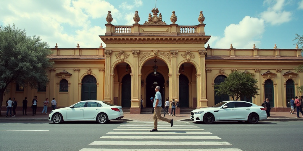 a man walking across a street in front of a building with cars parked in front of it and people walk