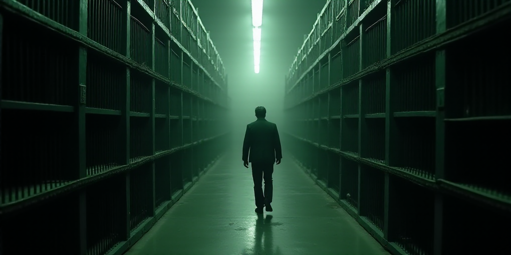 a man walking down a long hallway in a jail cell area with lots of shelves and bars on both sides, A