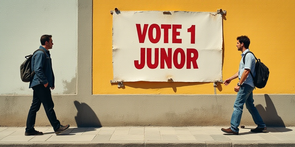 a man walking down a sidewalk past a wall with a sign on it that says vote 1 junior and a man with a