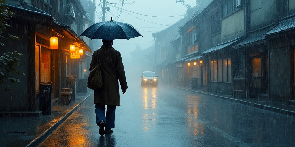a man walking down a street holding an umbrella in the rain with a bag on his shoulder and a bag on