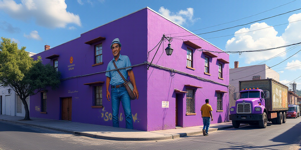 a man walking down a street past a purple building with a clock on it's side and a truck parked in f