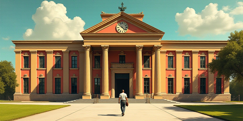 a man walking in front of a large building with many windows and a clock on the front of it, Diego R