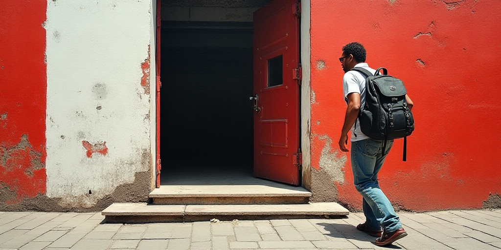 a man walking into a building with a backpack on his back and a backpack on his shoulder, with a red