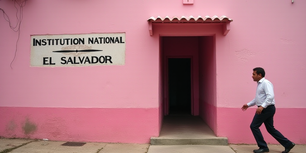 a man walking out of a pink building with a sign that says institution national el salvador on it's