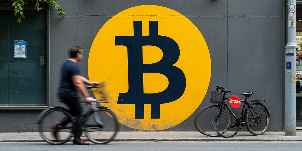 a man walking past a bitcoin sign on a building wall in a city street with a bicycle, Edi Rama, beha