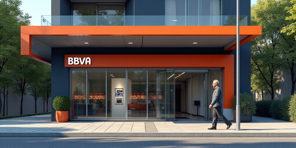 a man walking past a building with a bbva sign in the background and a man walking past it, Carlos B
