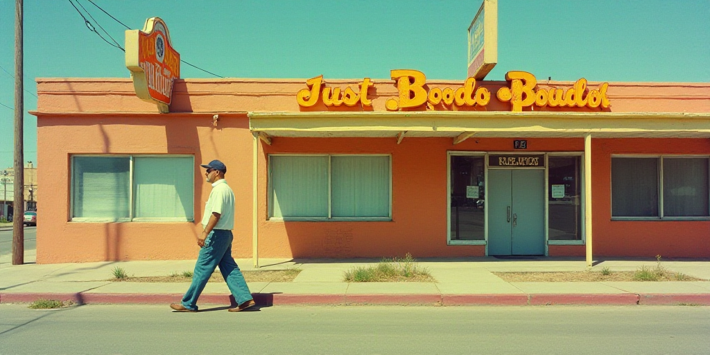 a man walking past a dollar bill sign and a sign for dollar bills on the side of a building, Estuard