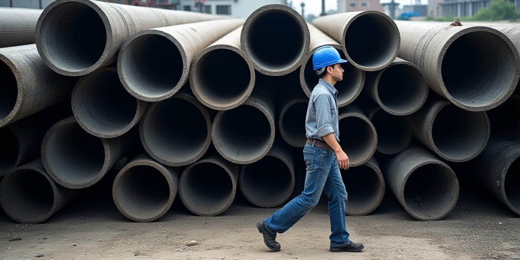 a man walking past a large stack of pipes and tubes in a factory yard, with a blue hard hat on, Cao