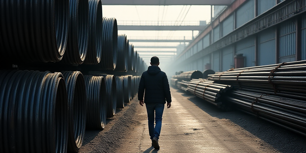 a man walking past a stack of steel pipes in a factory area of a city, china, asia, Cao Zhibai, mesh