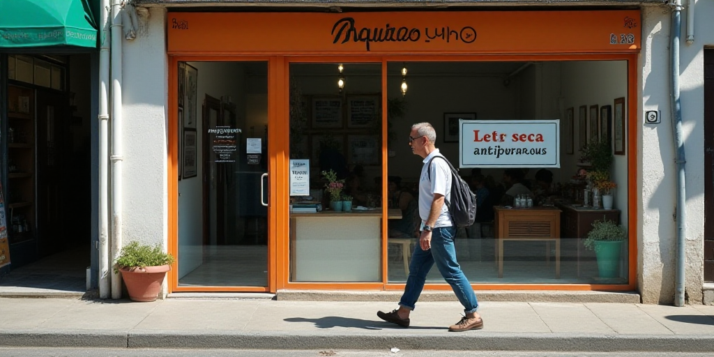 a man walking past a store with a sign on the window that says, let seca antipure sous comparas, Aqu
