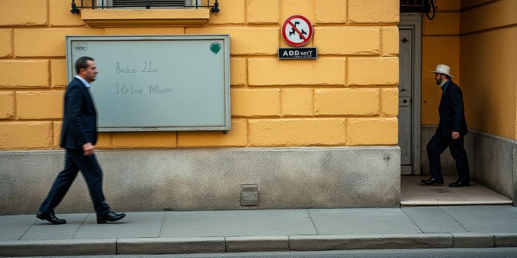 a man walking past a wall street sign on a building wall with a man walking past it and a man in a h