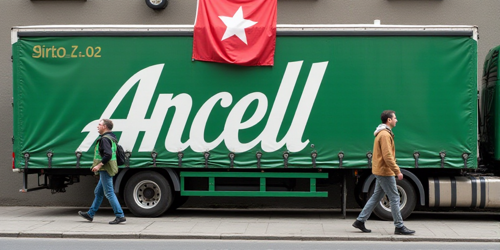 a man walking past a wall with a flag on it and a truck in the background with a man in a green vest