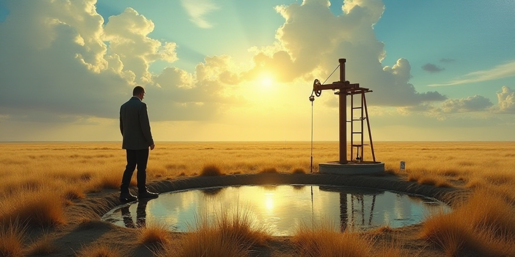 a man walking past a well in the middle of a field with a sky background and sun shining through the