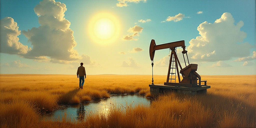 a man walking past a well in the middle of a field with a sky background and sun shining through the