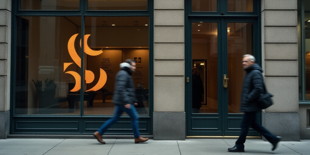a man walking past a window with a logo on it and a building in the background with a man walking pa