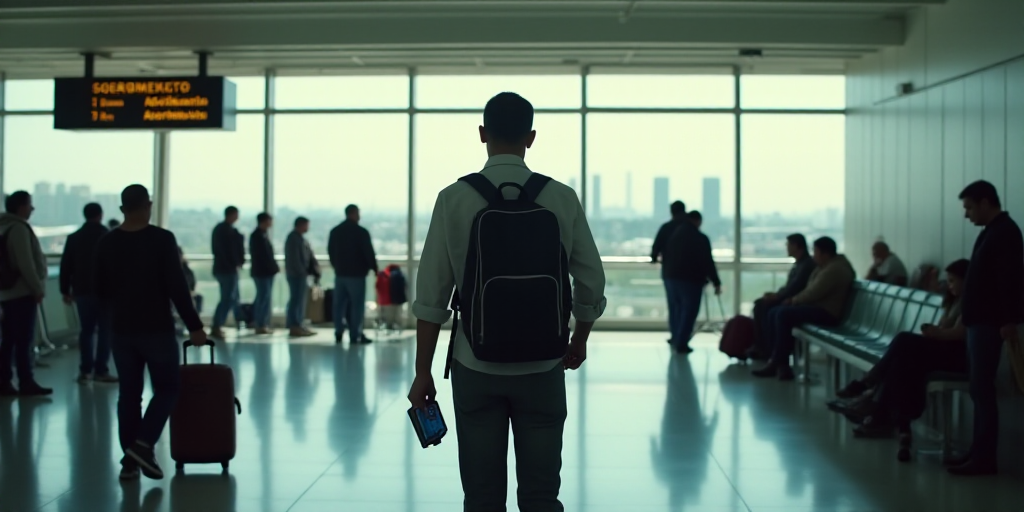 a man walking through an airport with a backpack on his back and people standing around him and a si