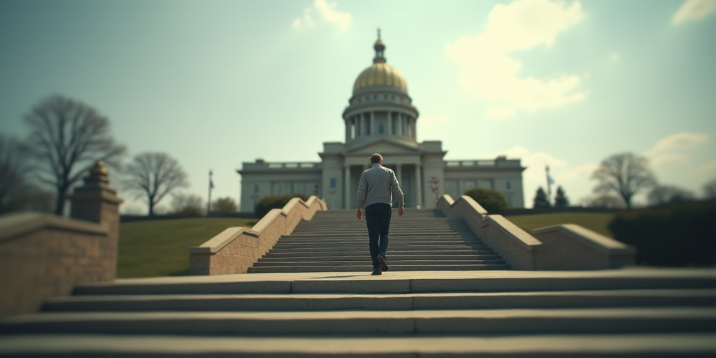 a man walking up a set of stairs in front of a building with a dome on top of it, Dennis Ashbaugh, t