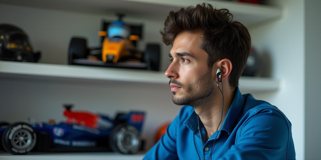 a man wearing a blue shirt and earphones in a room with a race car on the shelf and a helmet on top