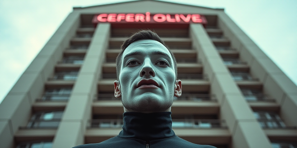 a man wearing a face mask standing in front of a tall building with a sign on it that says,, Ceferí