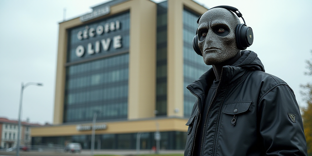 a man wearing a face mask standing in front of a tall building with a sign on it that says,, Ceferí