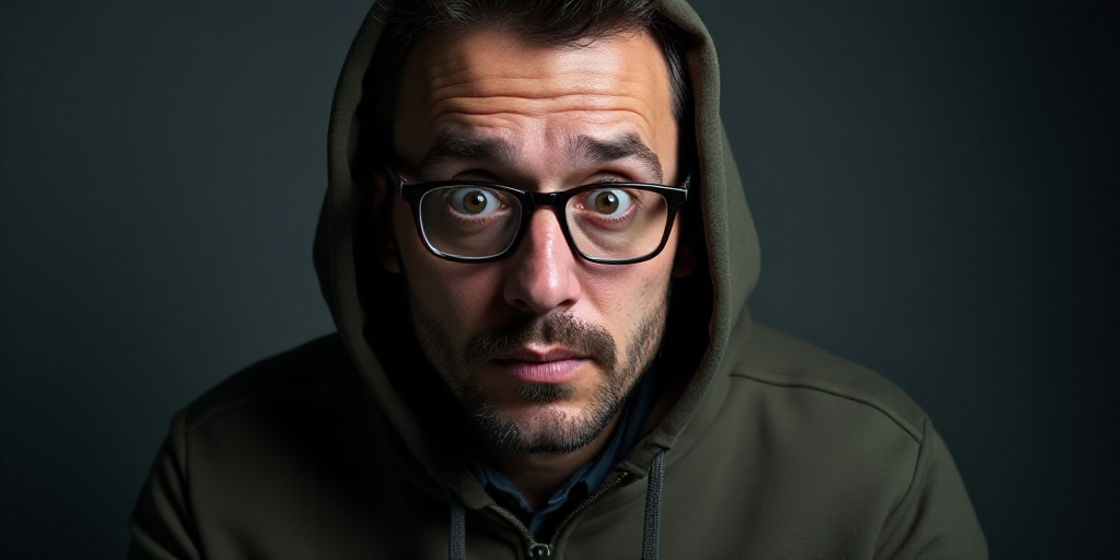 a man wearing glasses and a hoodie looks at the camera with a surprised look on his face and a serio