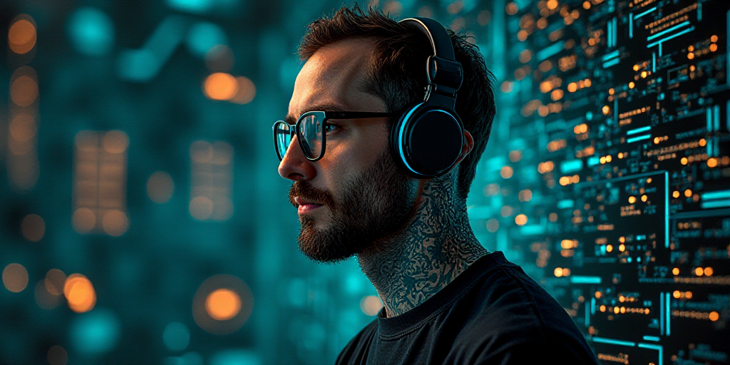 a man wearing headphones and glasses with a circuit board in the background and a digital image of h
