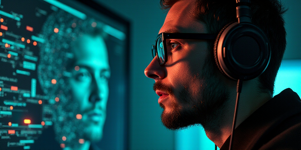 a man wearing headphones and glasses with a circuit board in the background and a digital image of h