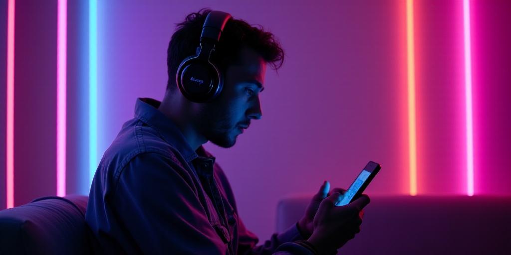 a man wearing headphones and looking at a cell phone in a room with neon lights and a neon backgroun