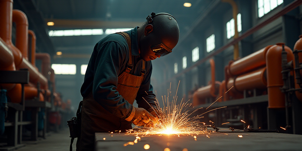 a man welding steel in a factory with lots of machinery in the background and a lot of orange pipes,