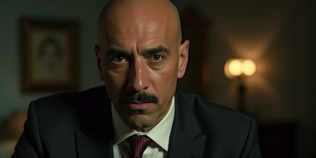 a man with a bald head and a mustache is looking at the camera with a serious look on his face, Arth