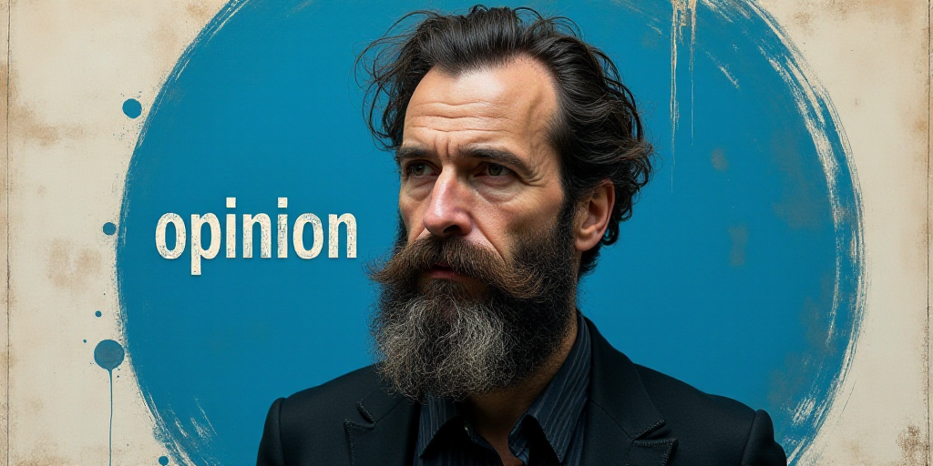 a man with a beard and a beard in a blue circle with the words,'opinion'on it, Barbara Longhi, horro