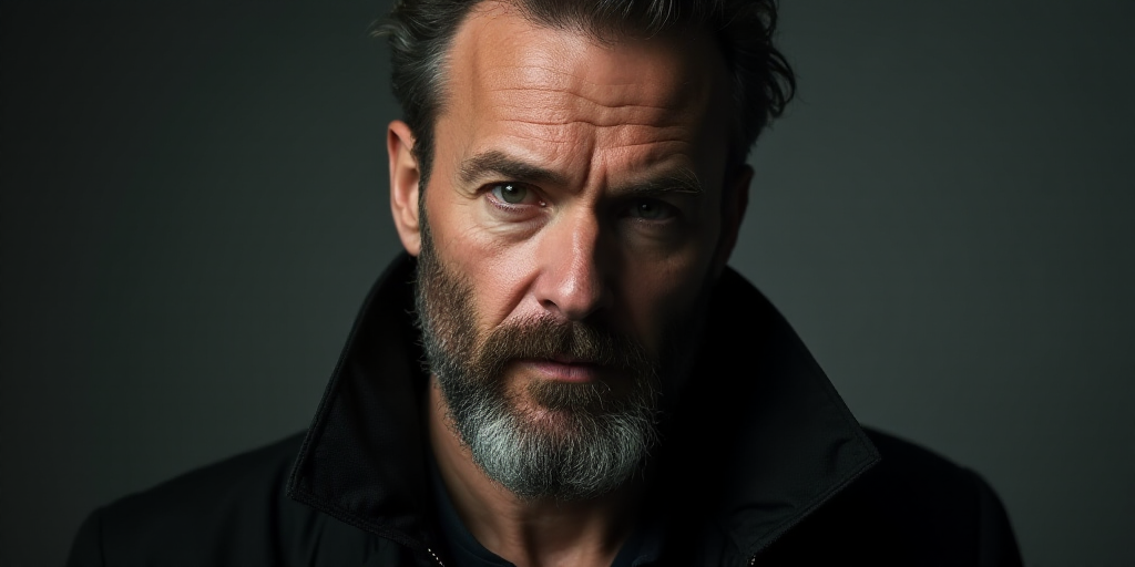a man with a beard and a black jacket looking at the camera with a serious look on his face, Breyten