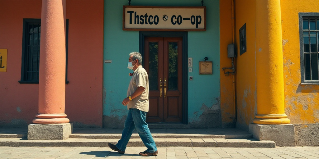 a man with a beard and a face mask walks past a building with columns and a sign that says co - op,