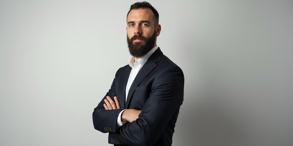 a man with a beard and a suit jacket on posing for a picture with a white background and a gray back