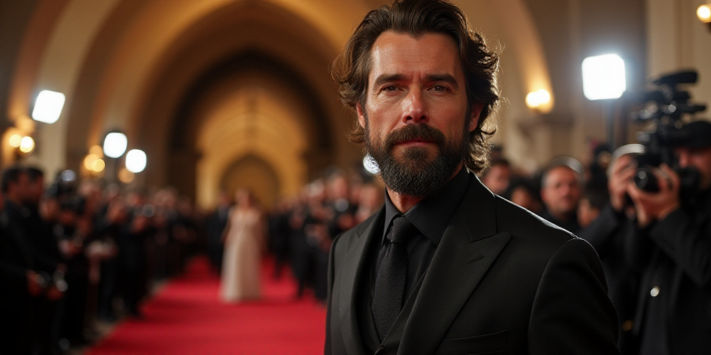 a man with a beard and a suit on at a red carpet event with cameras around him and a woman in the ba
